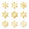 Set of golden snowflakes for Christmas decoration. Shiny gold snowflakes, various abstract and geometric patterns. Beautiful