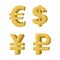 Set of golden symbols money. Russian ruble. Euro European cash.