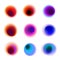 Set of gradient circles of vibrant colors. Rainbow colored collection of blurred holes on white background. Red, pink, purple, blu