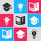 Set Graduation cap on globe, Light bulb with concept of idea and Open book icon. Vector