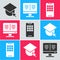 Set Graduation cap on globe, Online book on monitor and Mobile phone icon. Vector