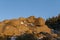 Set of granite stones at sunset with blue sky and snow in spring Extremadura