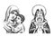 Set graphic sketches of Madonna and Child isolated on white background.