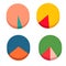 Set of graphic statistics pie charts from multicolored segments in various percentage proportion ratios for comparative analysis