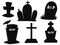 Set of gravestones. Collection of black grave silhouettes. Vector illustration of elements for halloween. Tattoo.