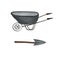 Set of gray garden wheelbarrow and tool. Watercolor