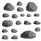 Set of gray granite stones of different shapes. Flat illustration. Minerals, boulder and cobble