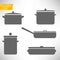 Set of gray icons of pans to cook different dishes. Pans and pots collection