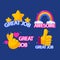 Set of great job and good job stickers Vector illustration.