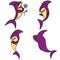 Set of great purple cartoon shark . For kids book, menu restaurant, cafe, menu seafood. Card with shark on white