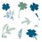 Set of Green and Blue Hand-Drawn Flowers. Thin-leaved Marigolds Silhouettes