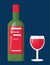 Set of a green bottle and a glass glass with red wine made from grapes. A drink for celebrating events. Vector