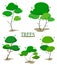 Set of green cartoon trees. Flat stylized fantasy trees