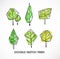 Set of green doodle sketch trees on white background