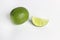 set of green fresh limes slice on white background