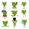 Set of green frogs in different poses and with various emotions. Funny humanized toads. Colorful flat vector icons