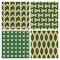 Set of green orange optical illusion seamless patterns of moving arrows, bows, four pointed stars and grains shapes