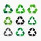 Set of green pet plastic bottles form mobius loop or recycling symbol with arrows. Eco icons pet use concept. Vector illustration