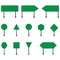 Set of green road signs on white background. Blank traffic signs, highway boards, signpost and signboard