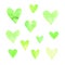 Set of green watercolor hearts. Perfect for creating romantic postcards and Valentines Day decor. Hand drawn. Isolated on white
