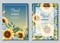 Set of greeting card template with sunflowers, blue daisies. Flyer, banner with autumn wildflowers. Design for wedding