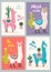 Set of greeting cards with llama. Stylized cartoon llama with ornament design and cactus. Vector poster.