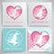 Set of greeting cards for mother`s day. Women and baby silhouettes, congratulation text, cuted heart on dotted background