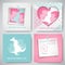 Set of greeting cards for mother`s day. Women and baby silhouettes, congratulation text, dotted heart, photo frame, sticker