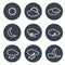 Set of grey circular buttons with white weather symbols, elements of forecast, line design