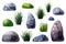 Set of grey, green mossy watercolor boulders, rocks, stones, tufts of grass. Illustration isolated on white