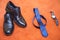 Set of groom clothes. Wedding rings, shoes, cufflinks and bow tie