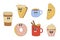 Set of groovy cake, croissant, donut, cupcake, coffee and cocoa. Cartoon character in trendy retro style