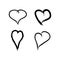 Set of grunge hearts. Isolated outlines painted with rough brush. Sketch, watercolor, graffiti. Vector illustration.