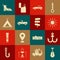 Set Guitar, Anchor, Sun, Car, Pickup truck, Tourist tent, Hiking boot and Road traffic signpost icon. Vector