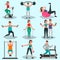 Set of guys and girls engaged in physical training color illustration