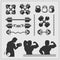 Set of gym equipment, design elements and bodybuilders silhouettes.