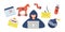 Set of Hacker Icons Trojan Horse, Worm, Memory Stick with Bug, Anonymous Man with Laptop, Spam Letter, Ddos Bomb