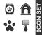 Set Hair brush for dog and cat, Bag of food for pet, Paw print and Dog house icon. Vector