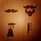 Set Hairbrush, Mustache, Hairdresser pistol spray bottle and Mustache and beard on wooden background. Vector