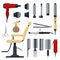 Set of hairdresser objects in flat style isolated on white background. Hair salon equipment and tools logo icons, hairdryer, comb,