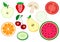Set of half fruits and vegetables. Apple, strawberry, mushroom, tomato, onion, pear, cherry, orange citrus, cucumber, watermelon.