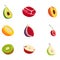 Set of half fruits. Vegetarian food, healthy eating concept. Avocado, pomegranate, peach, mango, fig, cherry, kiwi