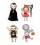 Set of halloween characters. Children in costumes. Vampire, devil, ghost and skeleton.