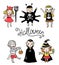 Set of halloween characters. Children in costumes. Vector illustration isolated on the white background.