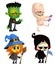 Set of Halloween characters. Vector cartoon zombie, mummy, witch with a broom, grim reaper with scythe