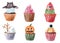 Set of halloween cupcakes isolated on white watercolor illustration