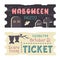 Set of Halloween holiday tickets isolated. Different color hand drawn template of coupon. Spooky cemetery, tomb, silhouette of bat