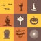 Set of halloween icons isolate on multicolor backgrounds. Flat design. Holiday party symbols - pumpkin, bat, witches hat