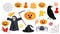 Set of halloween illustrations. Spider web, scary pumpkin Jack, black raven, candy, autumn leaves, witch hat, evil spider.