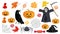 Set of halloween illustrations. Spider web, scary pumpkin Jack, black raven, candy, autumn leaves, witch hat, evil spider.